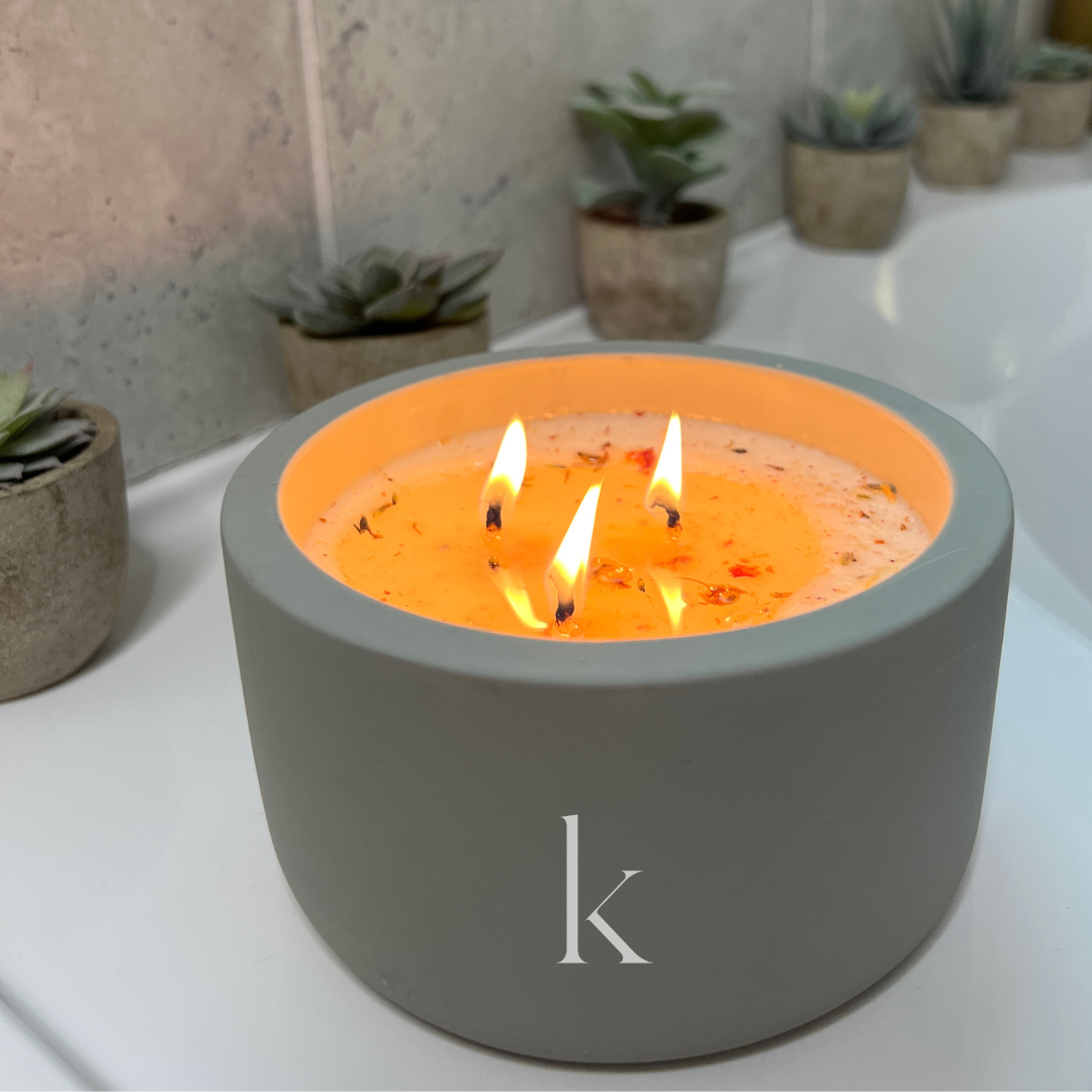 Soy Scented Candle, Handmade Cement Jar + Lid 14 oz