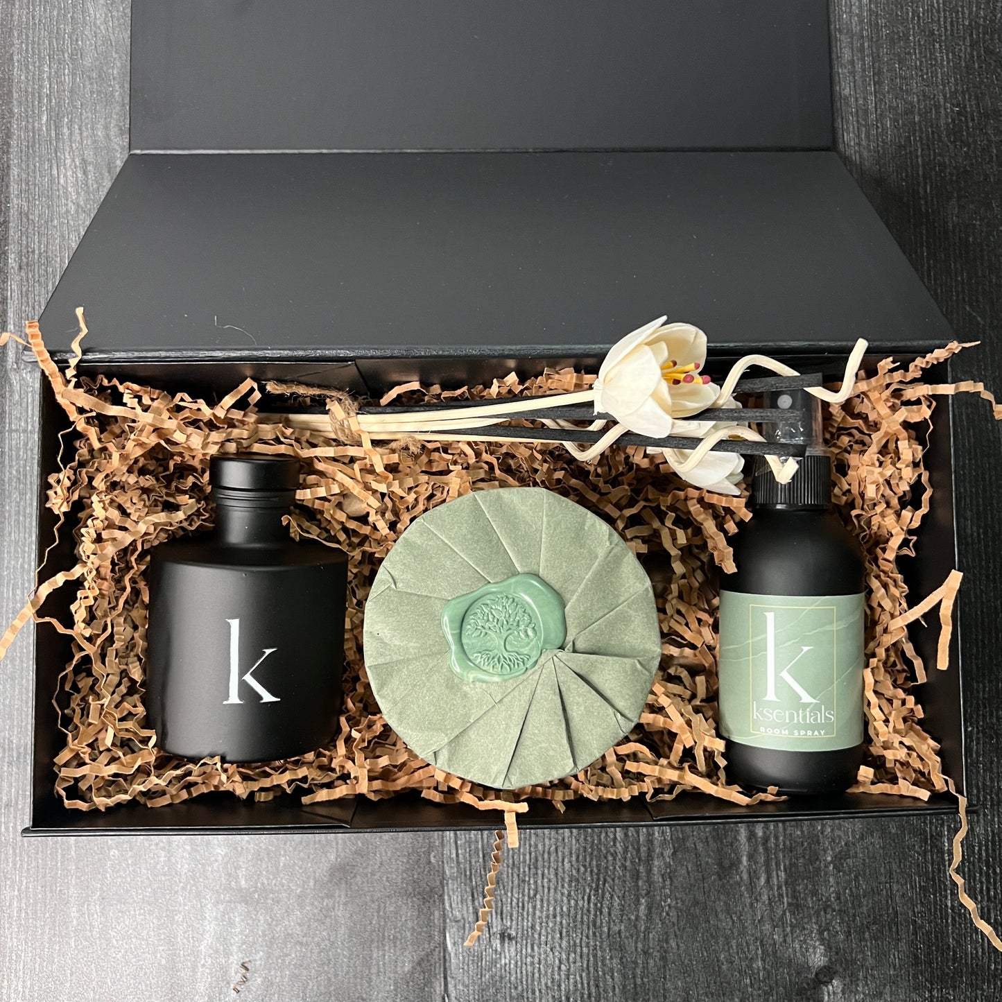 Gift Set Fall Collection — Evoke: amber + patchouli + leather + sandalwood, Soy Candle, Room/Linen Spray, & Duffuser – Hand Poured, Clean Burning, Artisan gift ready, Eco & Pet Friendly Candles. Women gift, prayer, meditation relax cozy candles