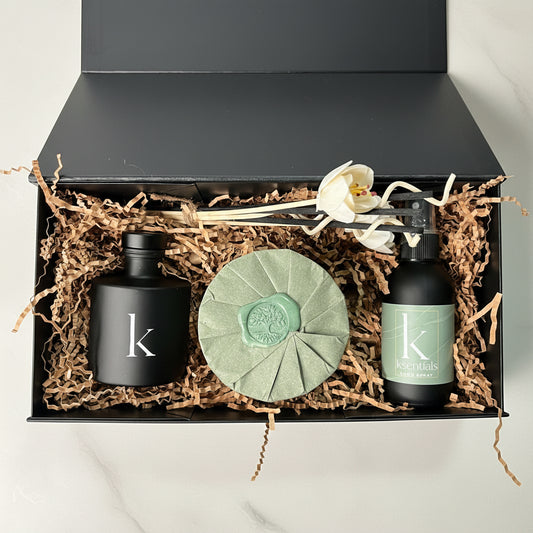 Gift Set Fall Collection — Evoke: amber + patchouli + leather + sandalwood, Soy Candle, Room/Linen Spray, & Duffuser – Hand Poured, Clean Burning, Artisan gift ready, Eco & Pet Friendly Candles. Women gift, prayer, meditation relax cozy candles