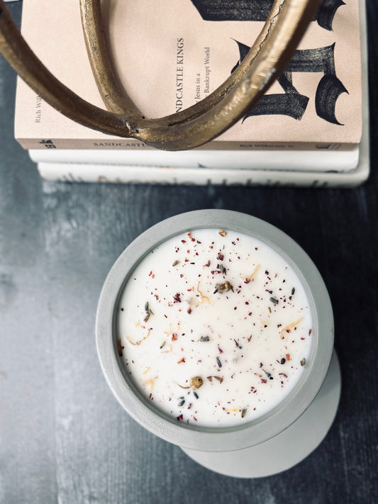 Soy Scented Candle, Handmade Cement Jar + Lid 14 oz