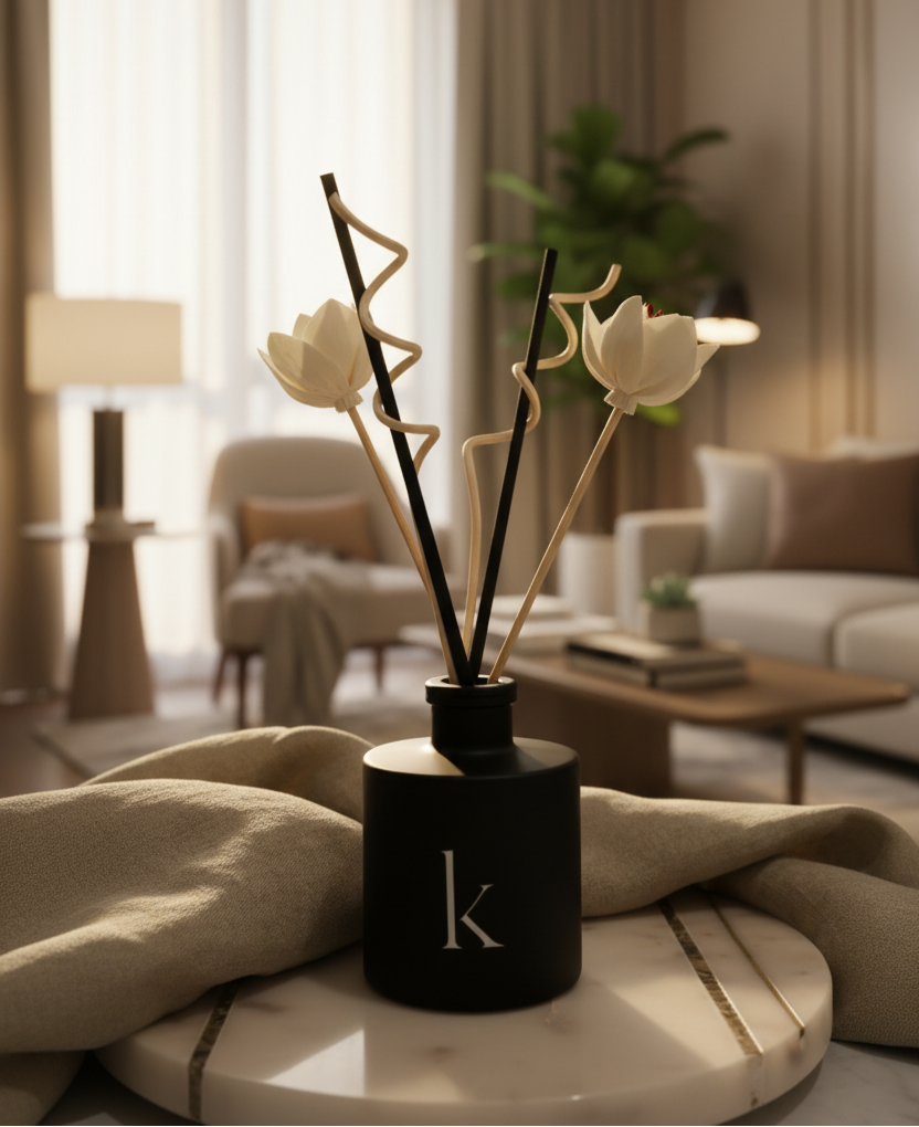 Black diffuser bottle with decorative sticks and flowers on a neutral background