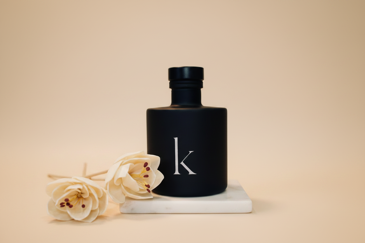 Black reed diffuser bottle with 'k' logo on a marble surface with flowers