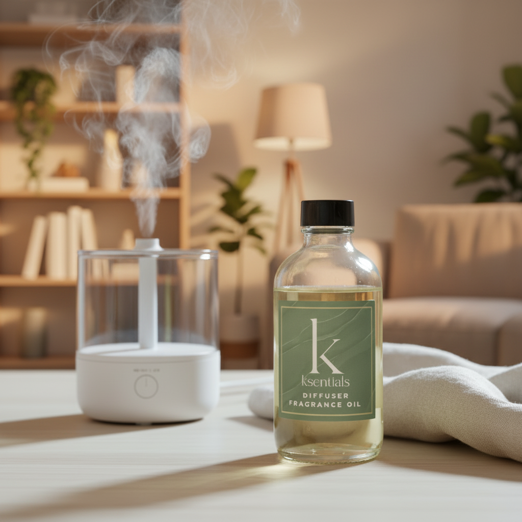 Bottle of diffuser fragrance oil with a green label on a neutral background