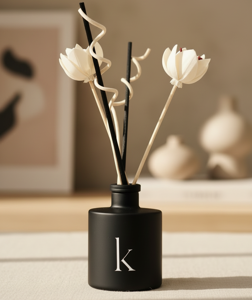 Black diffuser bottle with decorative sticks and flowers on a neutral background