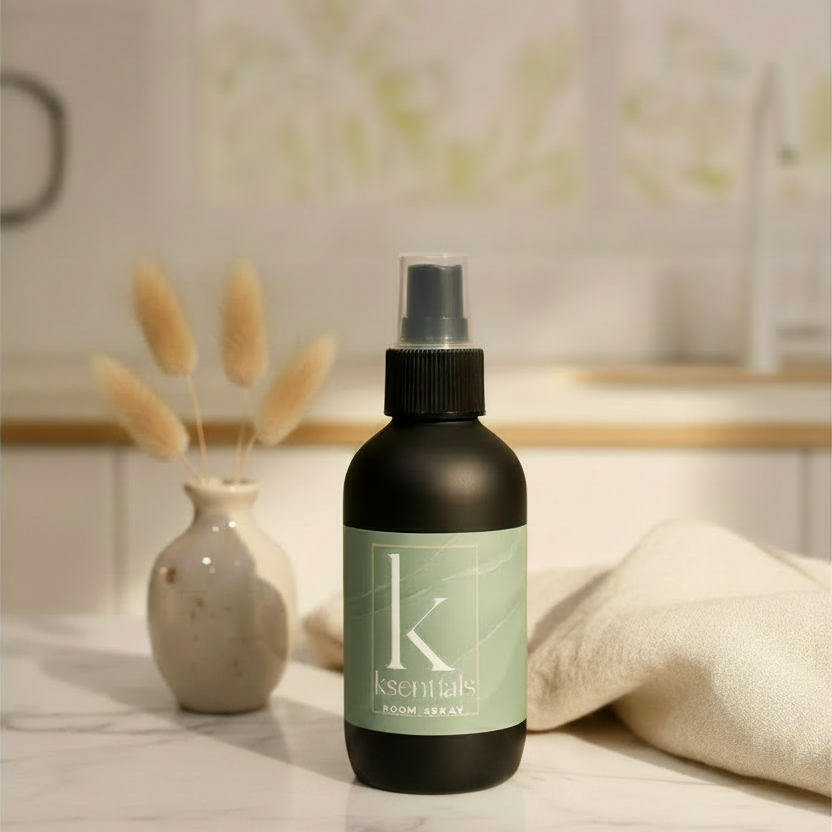 Matte black room and linen spray bottle for home fragrance, styled on a tabletop with dried florals